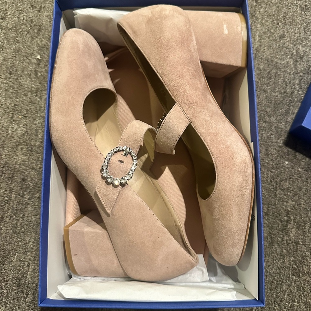 Stuart Weitzman Heeled Mary Jane with rhinestone buckle